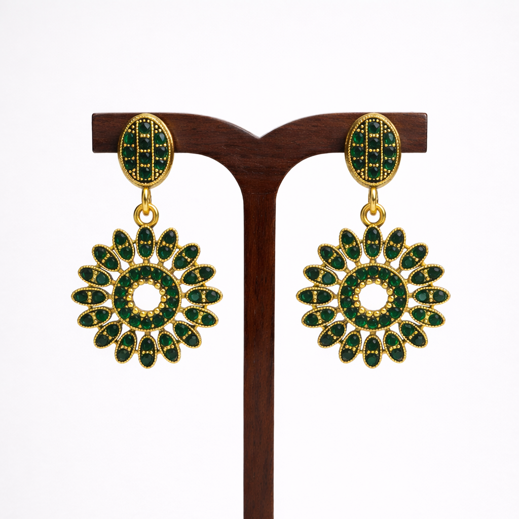 Emerald Green Diamond Floral Drop Earrings in Antique Gold Finish