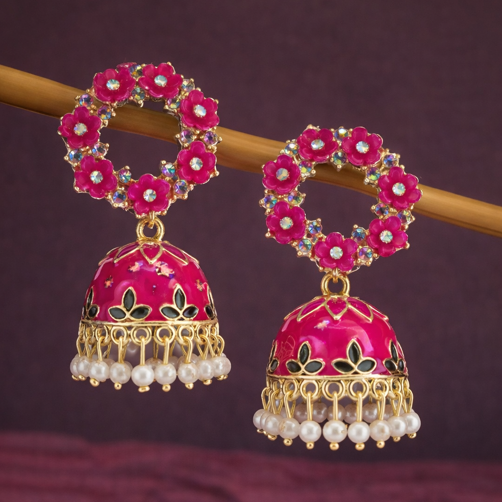 Floral Pink Kundan Jhumka Earrings with Pearl Drop