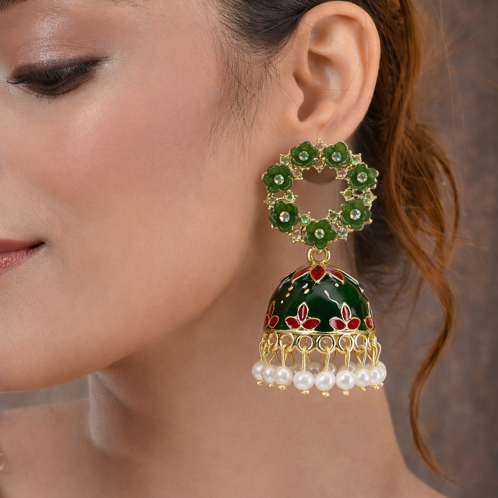 Floral Dark Green Kundan Jhumka Earrings with Pearl Drop