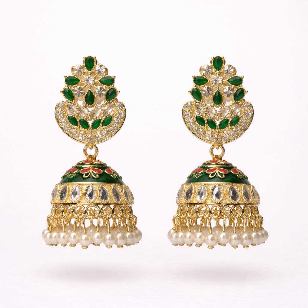 Green Kundan Pearl Jhumka Earrings in Gold Finish