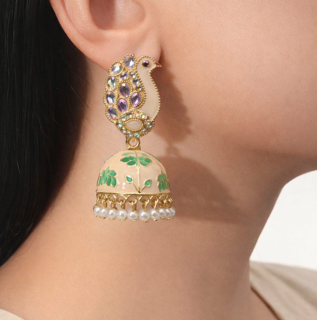 Peach Peacock Enamel Jhumka Earrings with Kundan Stones & Pearl Drops