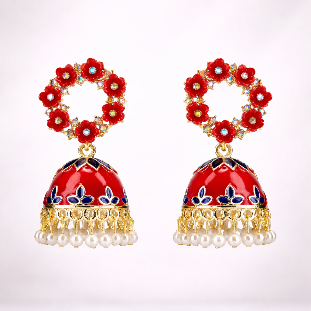 Floral Red Kundan Jhumka Earrings with Pearl Drops