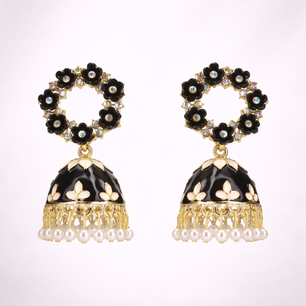 Floral Black Kundan Jhumka Earrings with Pearl Drops
