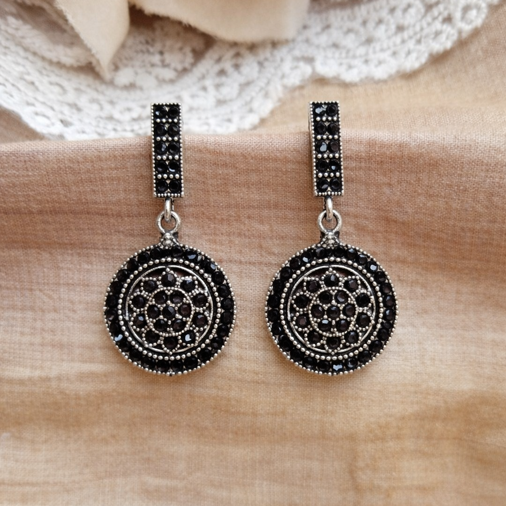 Oxidised Silver Black Diamond Circular Drop Earrings
