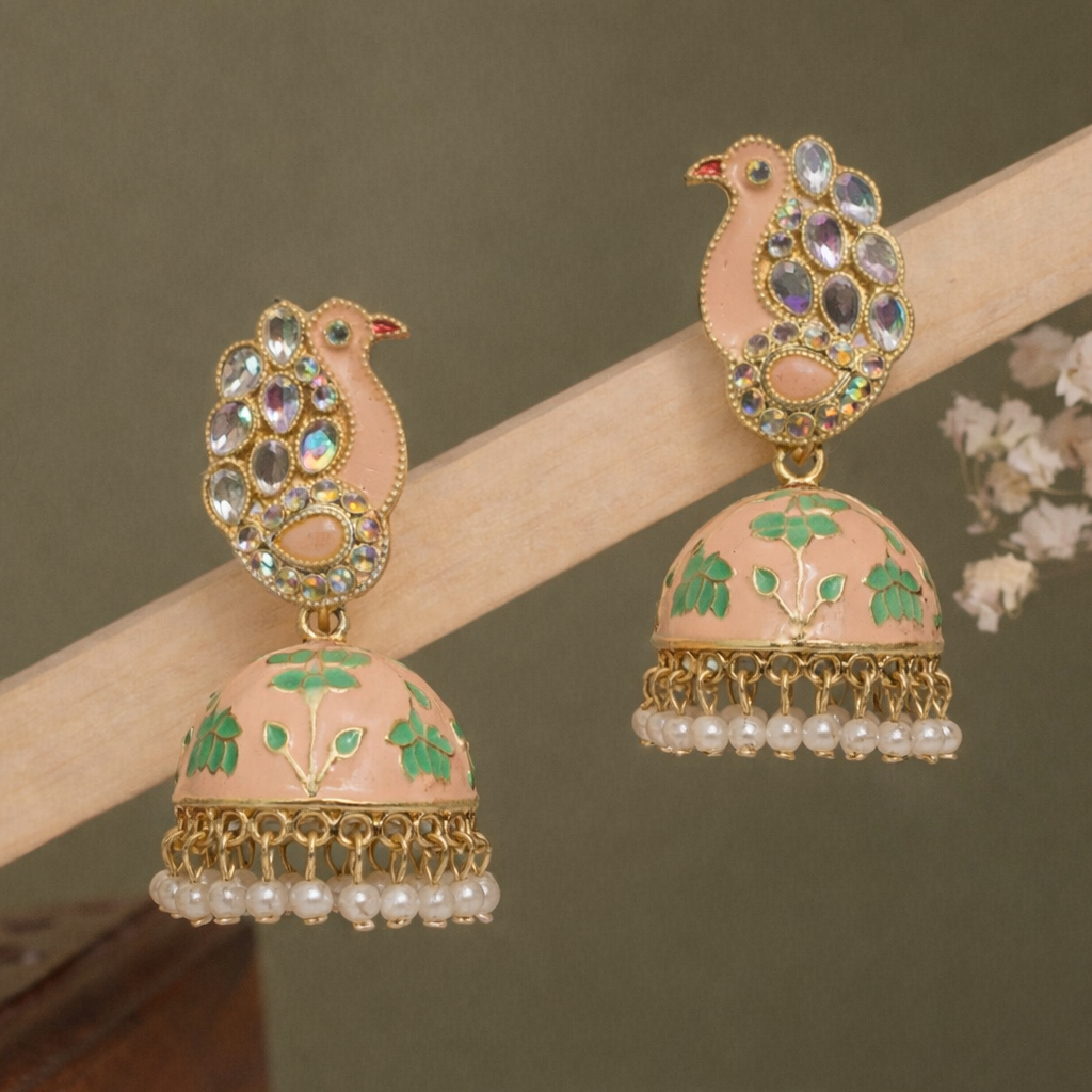 Peach Peacock Enamel Jhumka Earrings with Kundan Stones & Pearl Drops