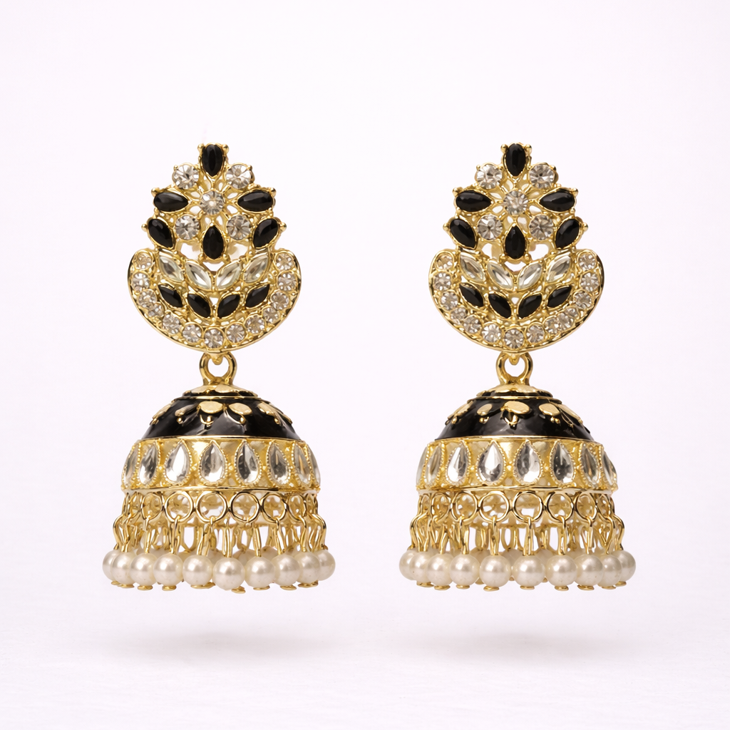 Black Kundan Pearl Jhumka Earrings in Gold Finish