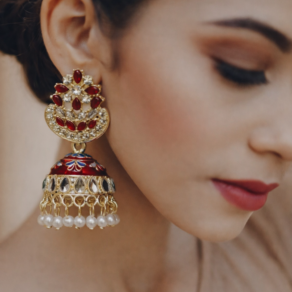Maroon Kundan Pearl Jhumka Earrings in Gold Finish