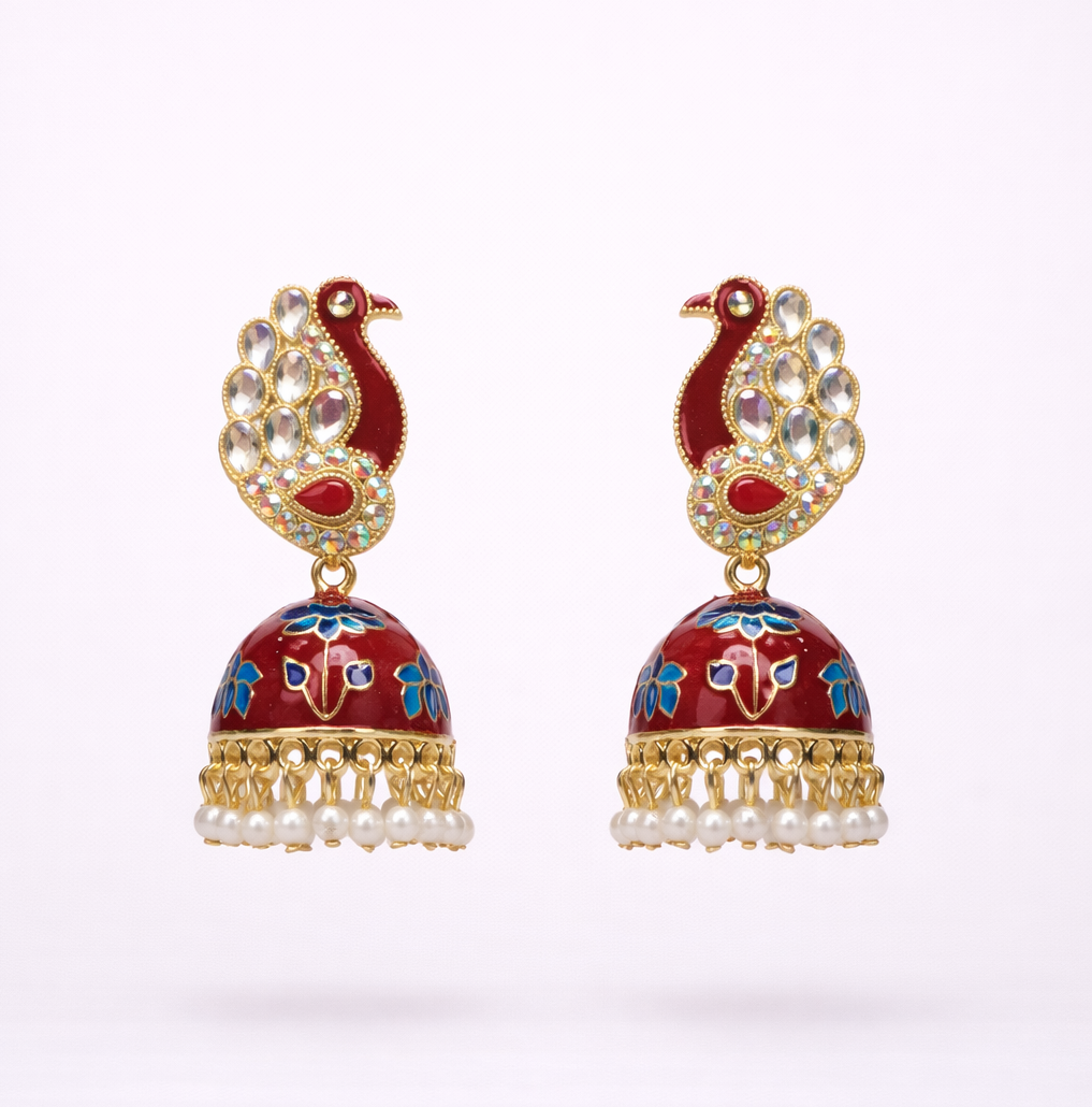 Red Peacock Kundan Jhumka Earrings with Enamel Work & Pearl Drops