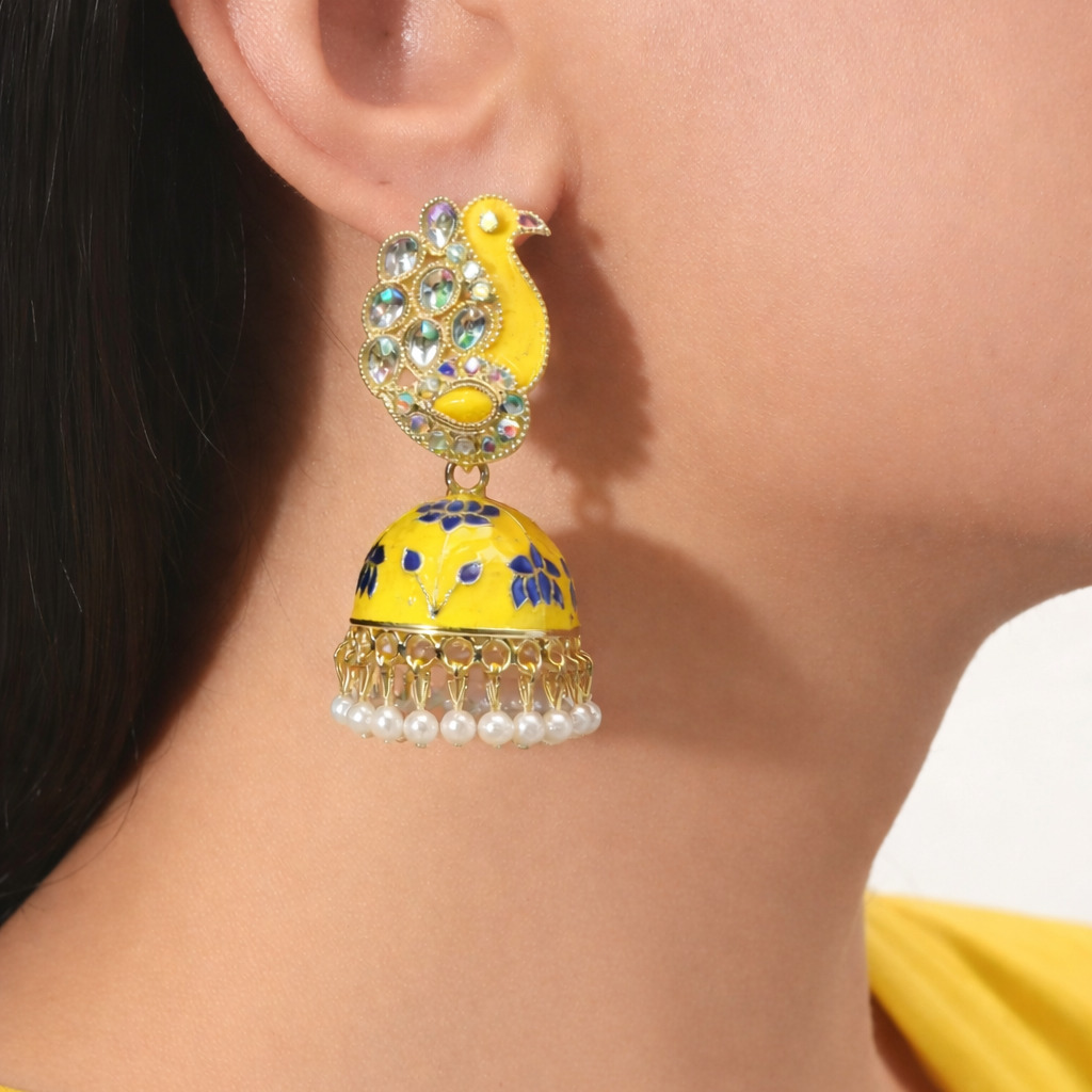 Yellow Peacock Enamel Jhumka Earrings with Kundan Stones & Pearl Drops
