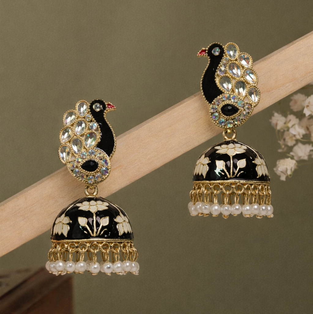 Black Peacock Enamel Jhumka Earrings with Kundan Stones & Pearl Drops