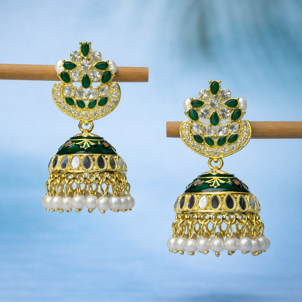 Green Kundan Pearl Jhumka Earrings in Gold Finish
