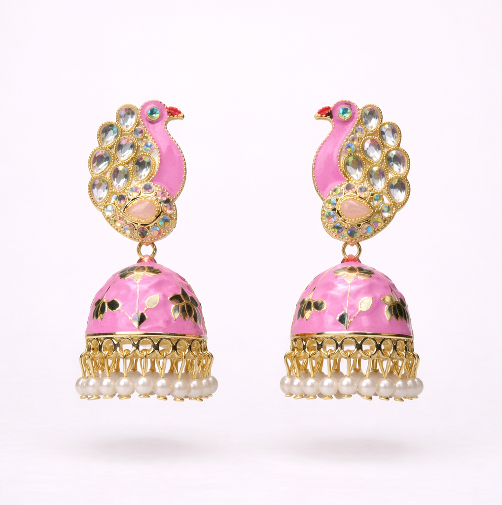 Pink Peacock Enamel Jhumka Earrings with Kundan Stones & Pearl Drops