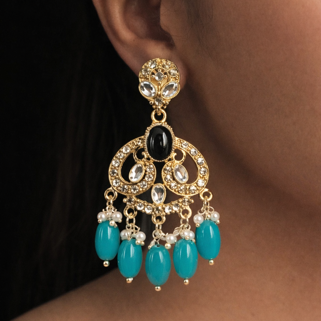 Gold Finish Crystal Chandelier Earrings with Turquoise Bead Drops