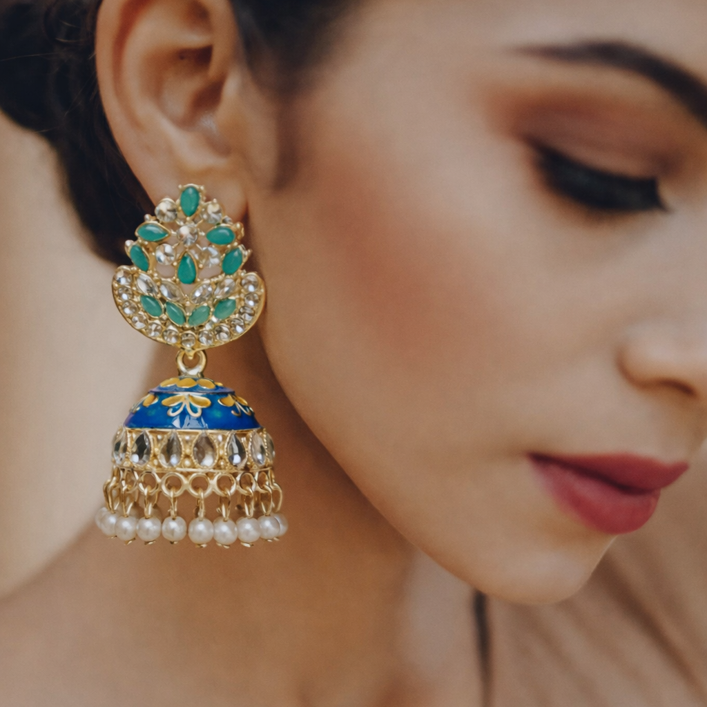 Royal Blue Kundan Pearl Jhumka Earrings in Gold Finish
