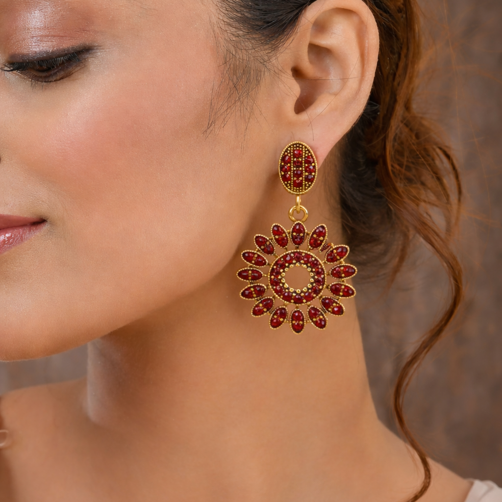 Red Diamond Floral Drop Earrings in Antique Gold Finish