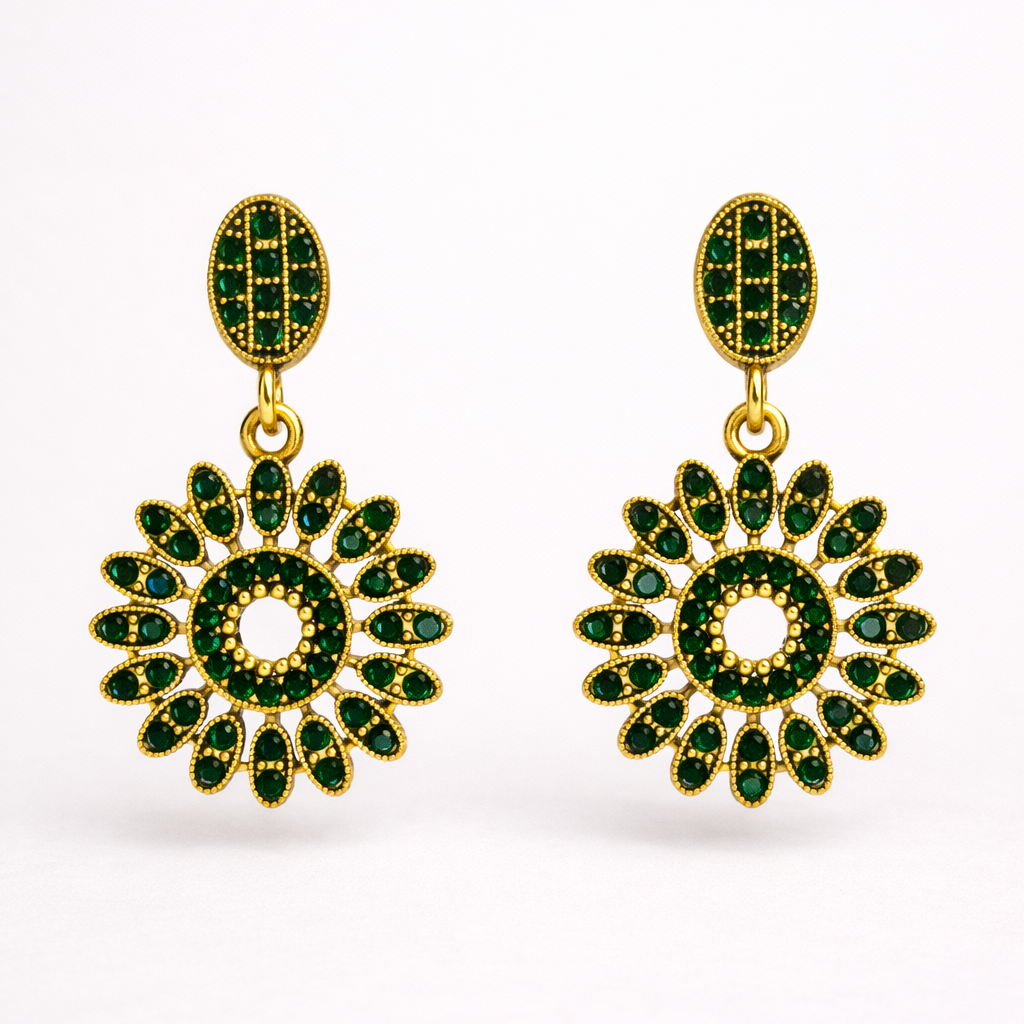 Emerald Green Diamond Floral Drop Earrings in Antique Gold Finish