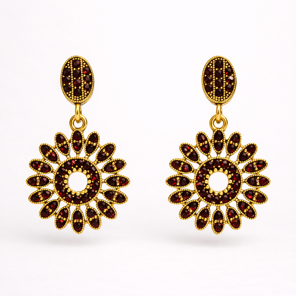 Wine Maroon Diamond Floral Drop Earrings in Antique Gold Finish