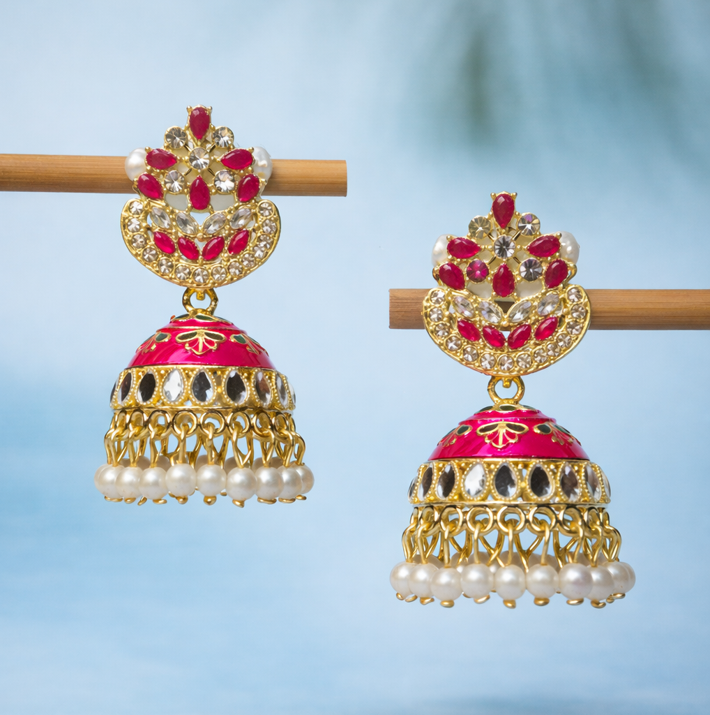 Pink Kundan Pearl Jhumka Earrings in Gold Finish