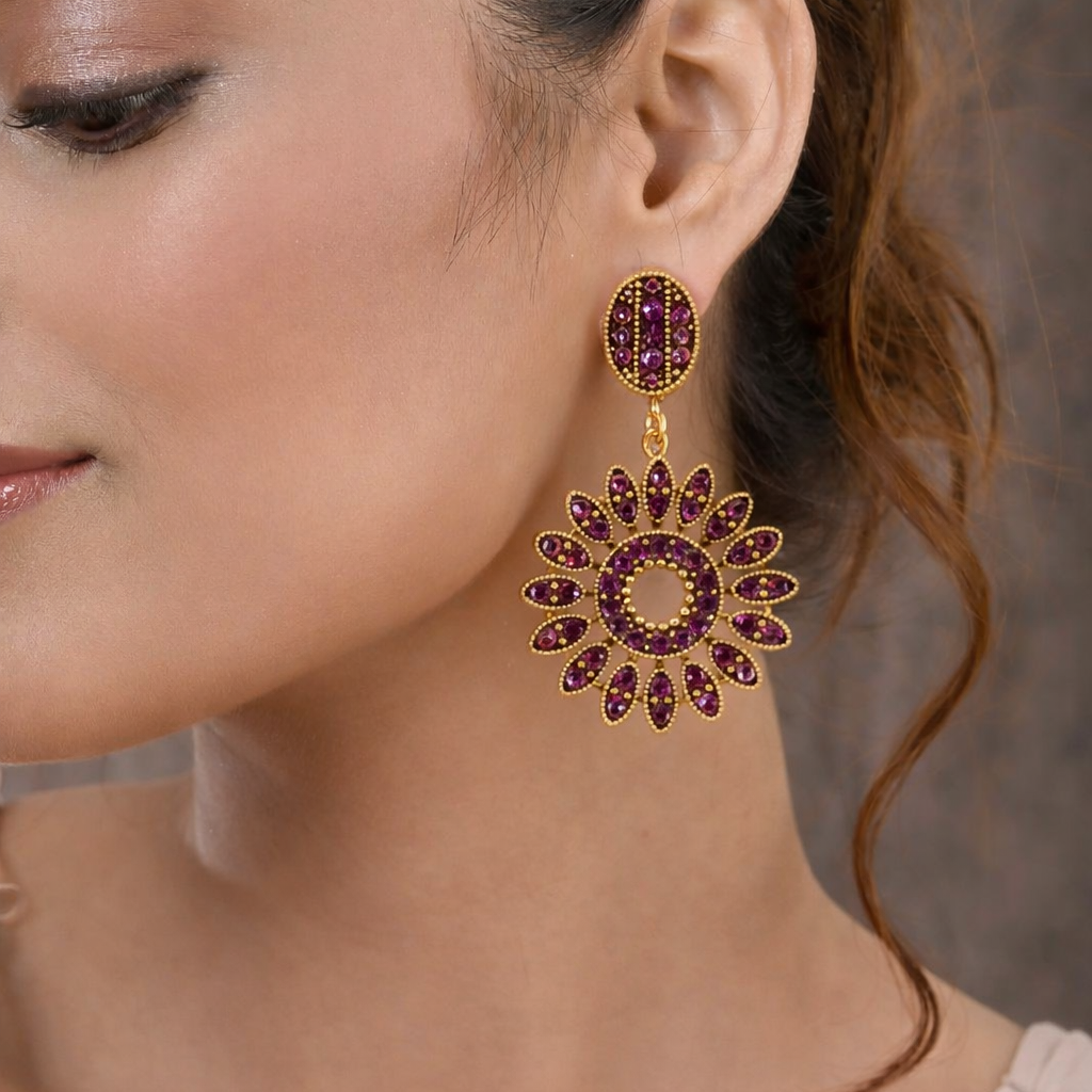 Ruby Maroon Diamond Floral Drop Earrings in Antique Gold Finish
