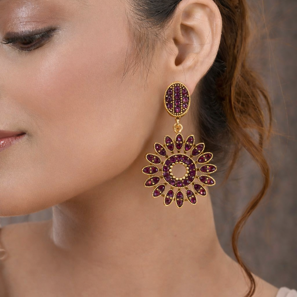 Wine Maroon Diamond Floral Drop Earrings in Antique Gold Finish