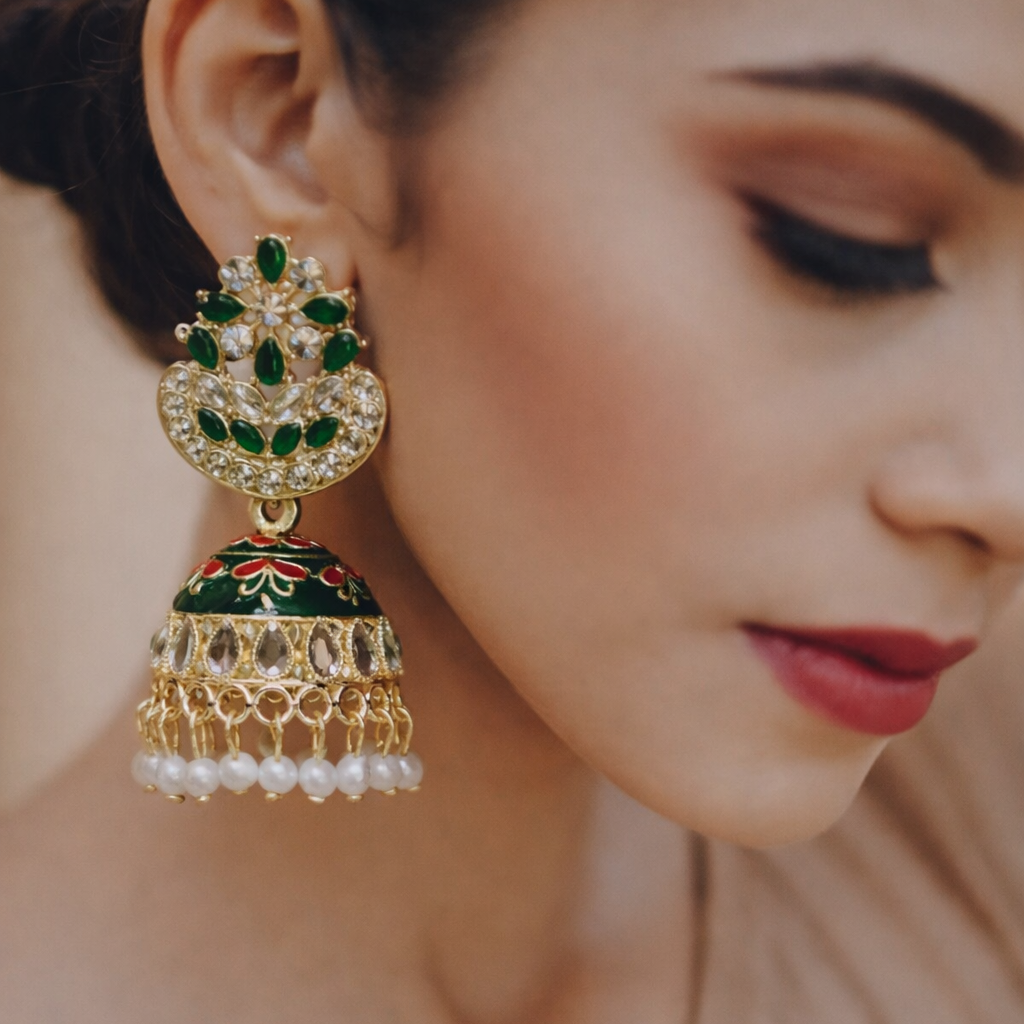 Green Kundan Pearl Jhumka Earrings in Gold Finish