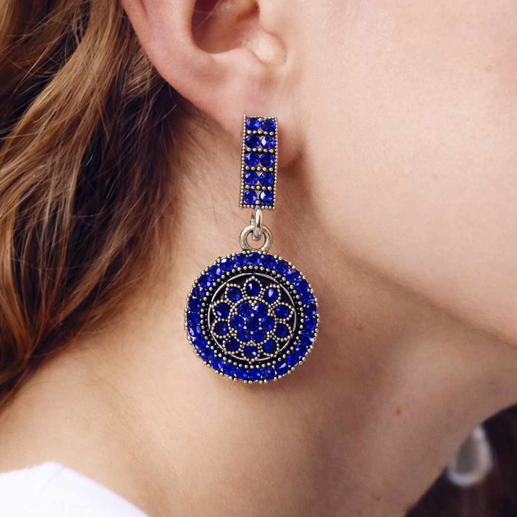 Oxidised Silver Blue Diamond Circular Drop Earrings