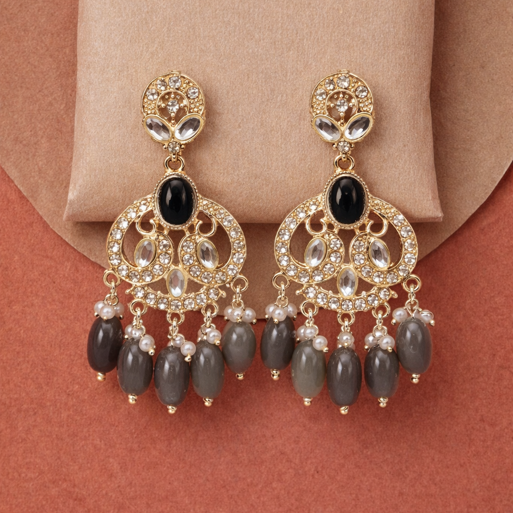 Gold Finish Crystal Chandelier Earrings with Grey Bead Drops