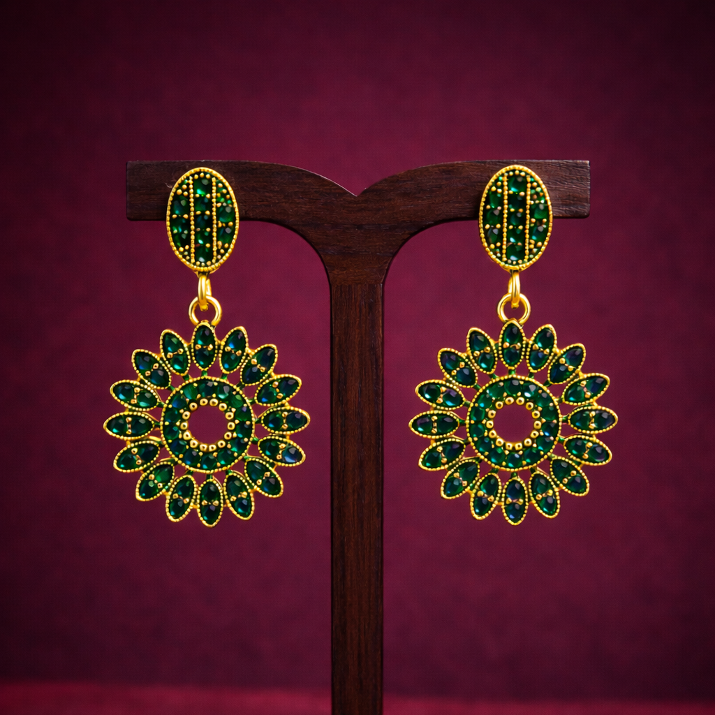 Emerald Green Diamond Floral Drop Earrings in Antique Gold Finish