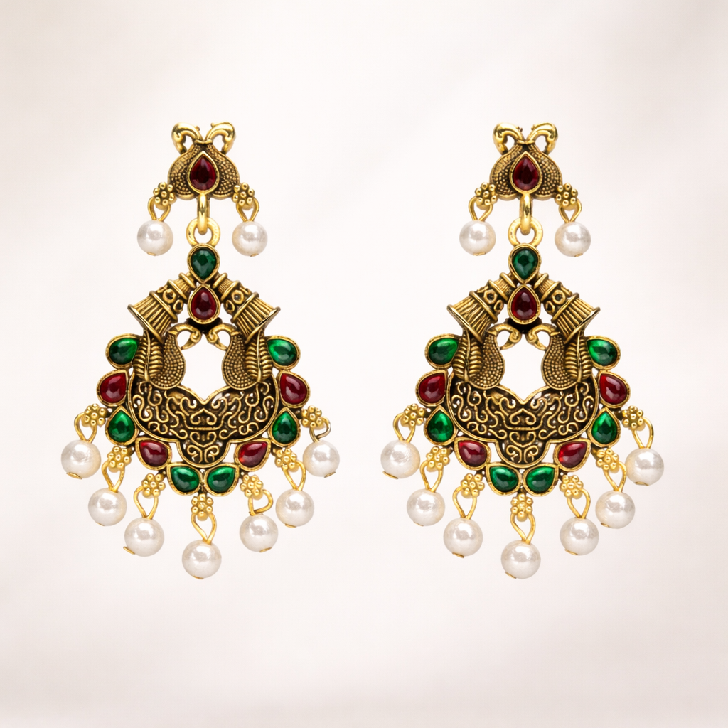 Antique Gold-Plated Peacock Chandbali Earrings with Red & Green Stones