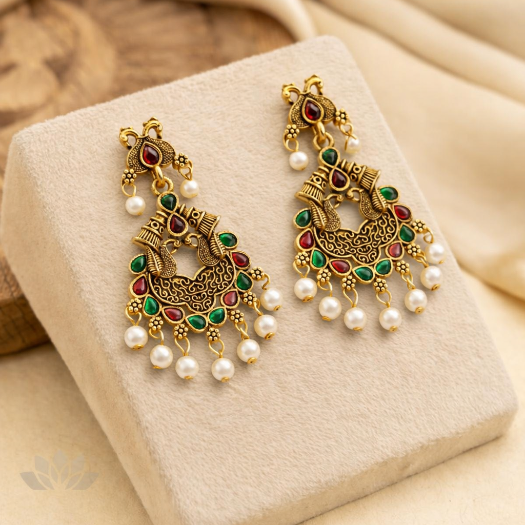 Antique Gold-Plated Peacock Chandbali Earrings with Red & Green Stones