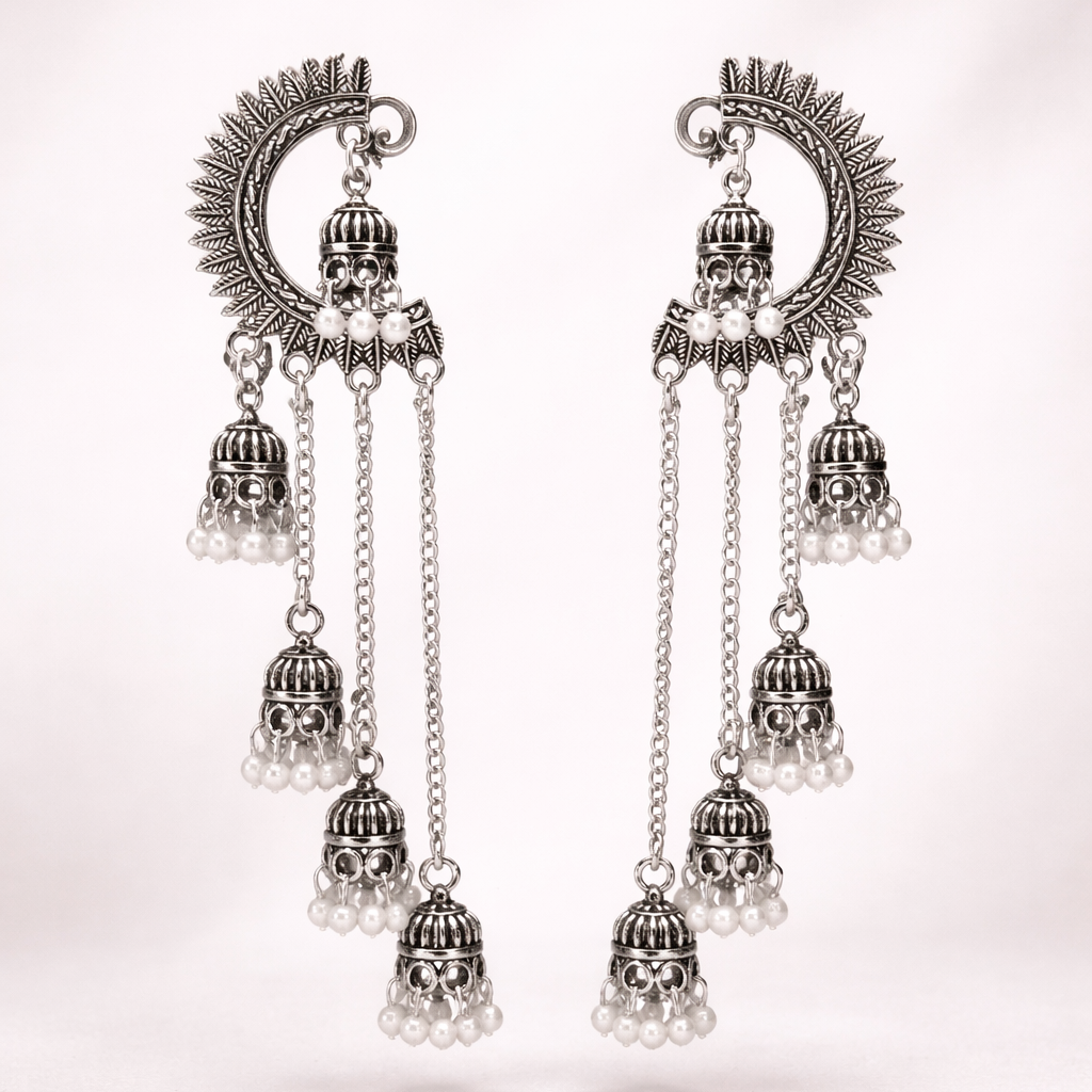 Oxidised Silver Crescent Jhumka Earrings with Pearl Drops