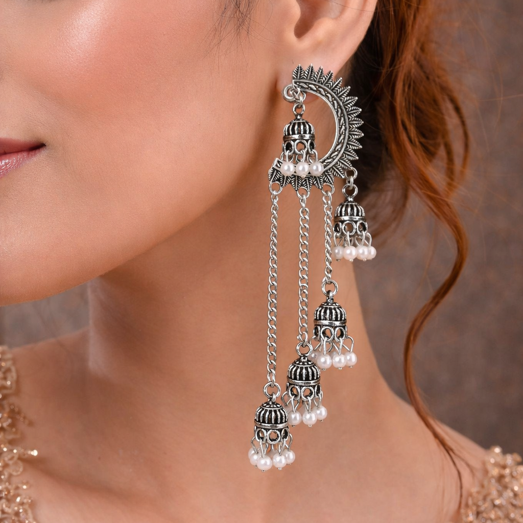 Oxidised Silver Crescent Jhumka Earrings with Pearl Drops