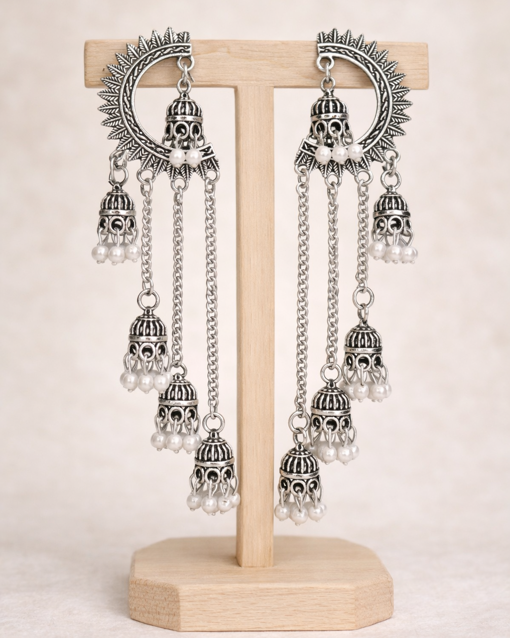 Oxidised Silver Crescent Jhumka Earrings with Pearl Drops
