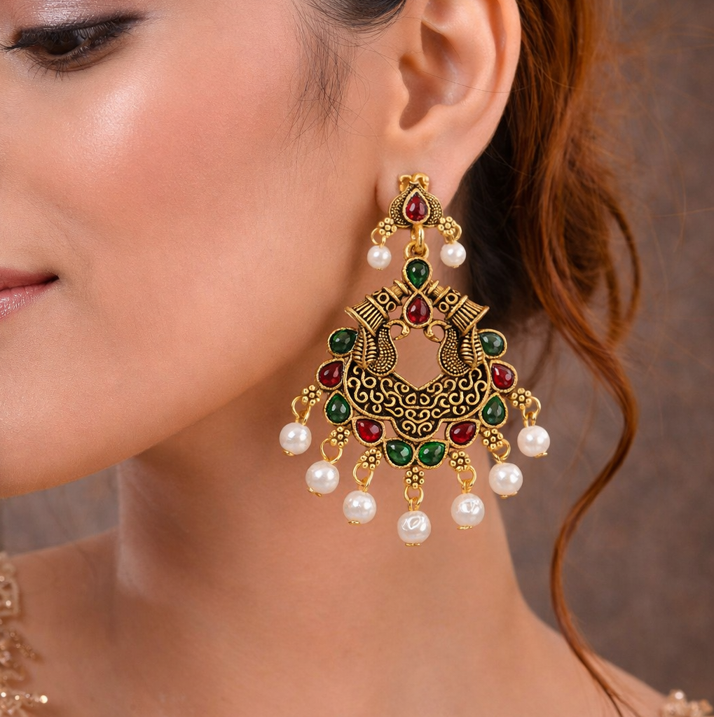 Antique Gold-Plated Peacock Chandbali Earrings with Red & Green Stones