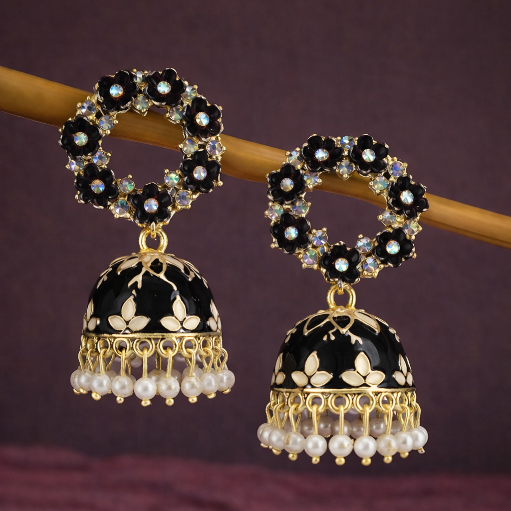 Floral Black Kundan Jhumka Earrings with Pearl Drops