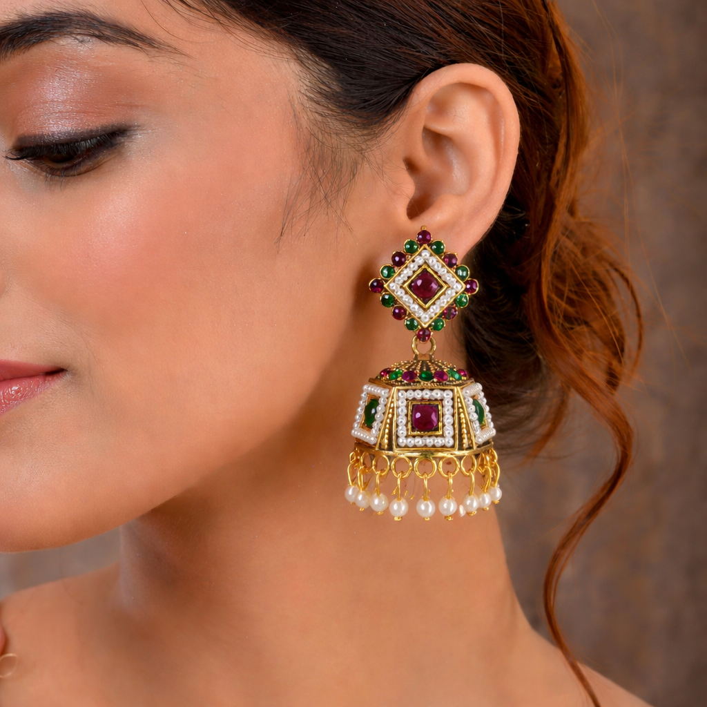 Maroon & Green Kundan Jhumka Earrings with Pearl Drops