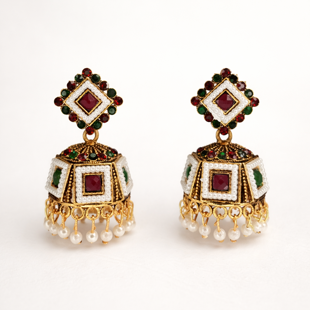 Maroon & Green Kundan Jhumka Earrings with Pearl Drops