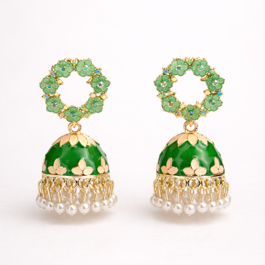 Floral Emerald Green Kundan Jhumka Earrings with Pearl Drops