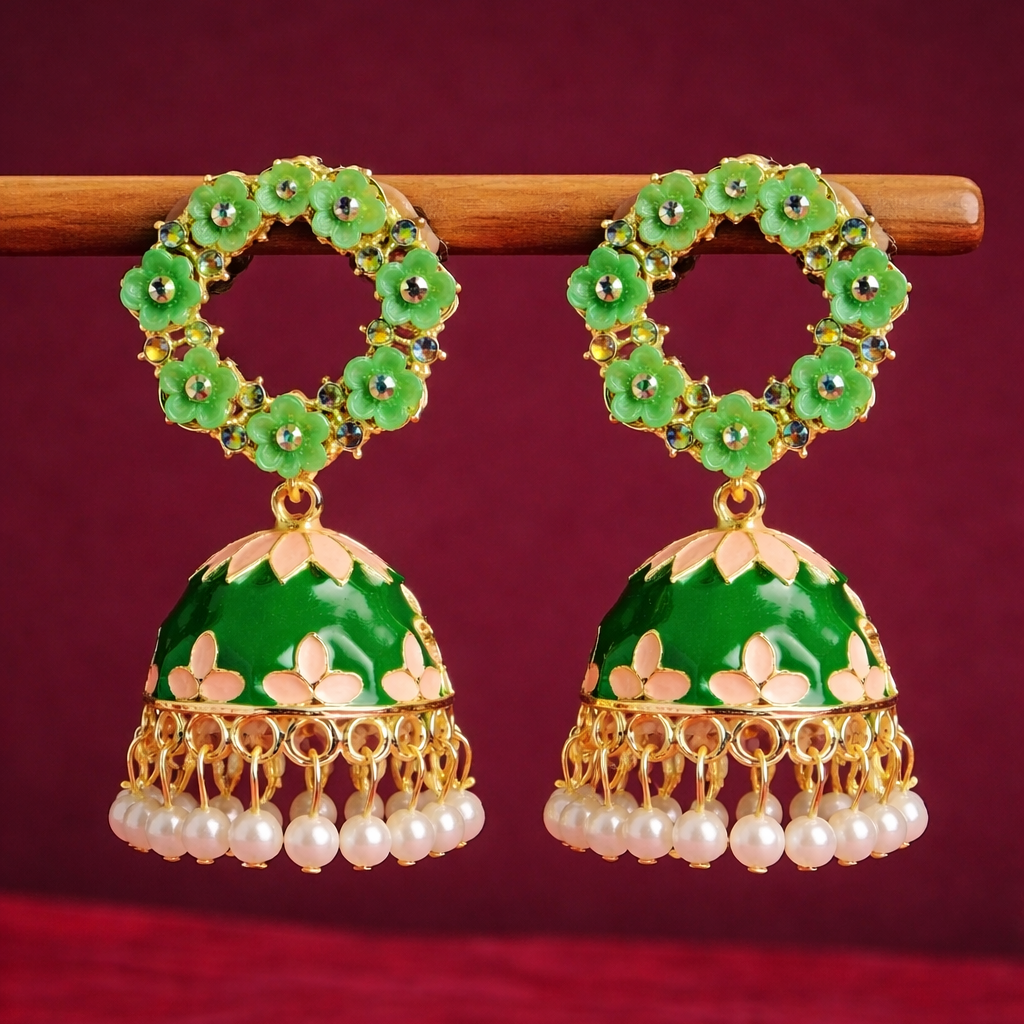 Floral Emerald Green Kundan Jhumka Earrings with Pearl Drops