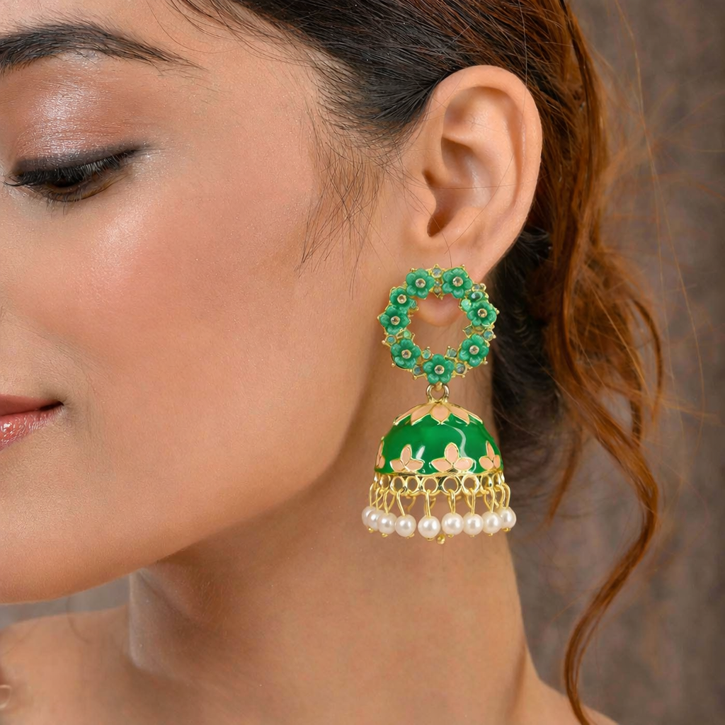 Floral Emerald Green Kundan Jhumka Earrings with Pearl Drops