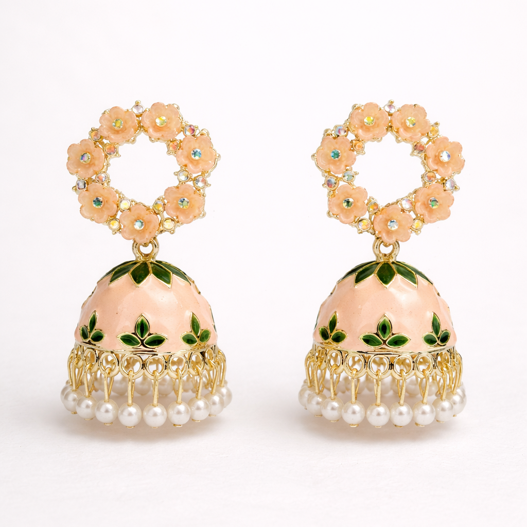 Floral Peach Kundan Jhumka Earrings with Pearl Drops