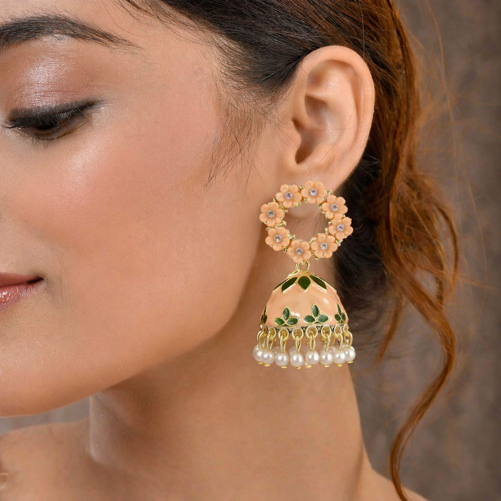 Floral Peach Kundan Jhumka Earrings with Pearl Drops