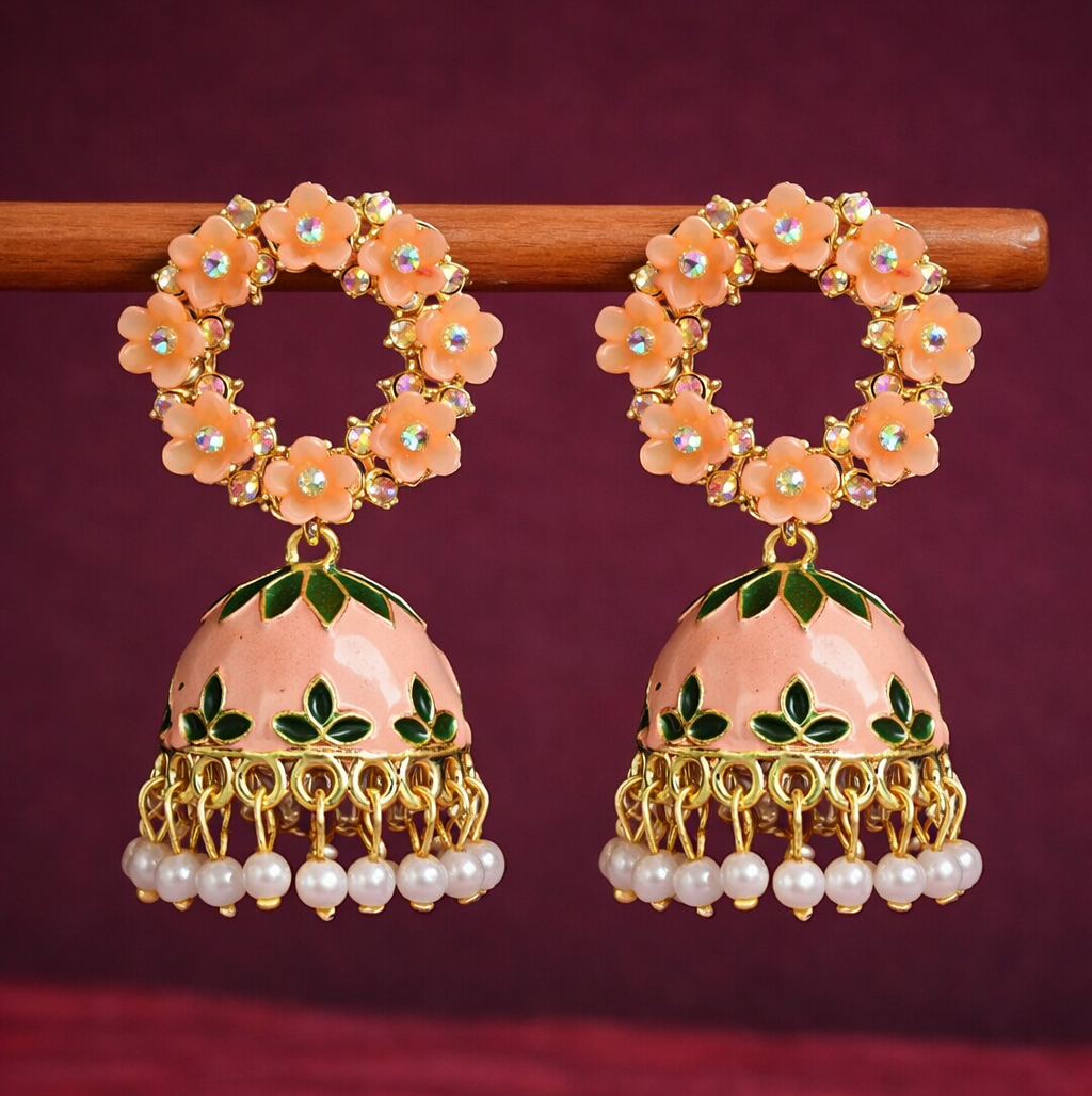 Floral Peach Kundan Jhumka Earrings with Pearl Drops