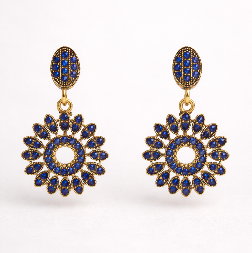 Royal Blue Diamond Floral Drop Earrings in Antique Gold Finish