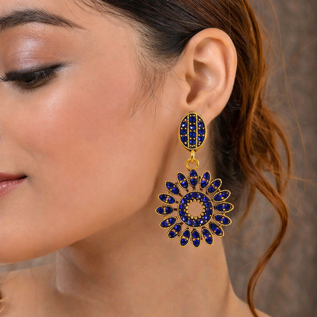 Royal Blue Diamond Floral Drop Earrings in Antique Gold Finish