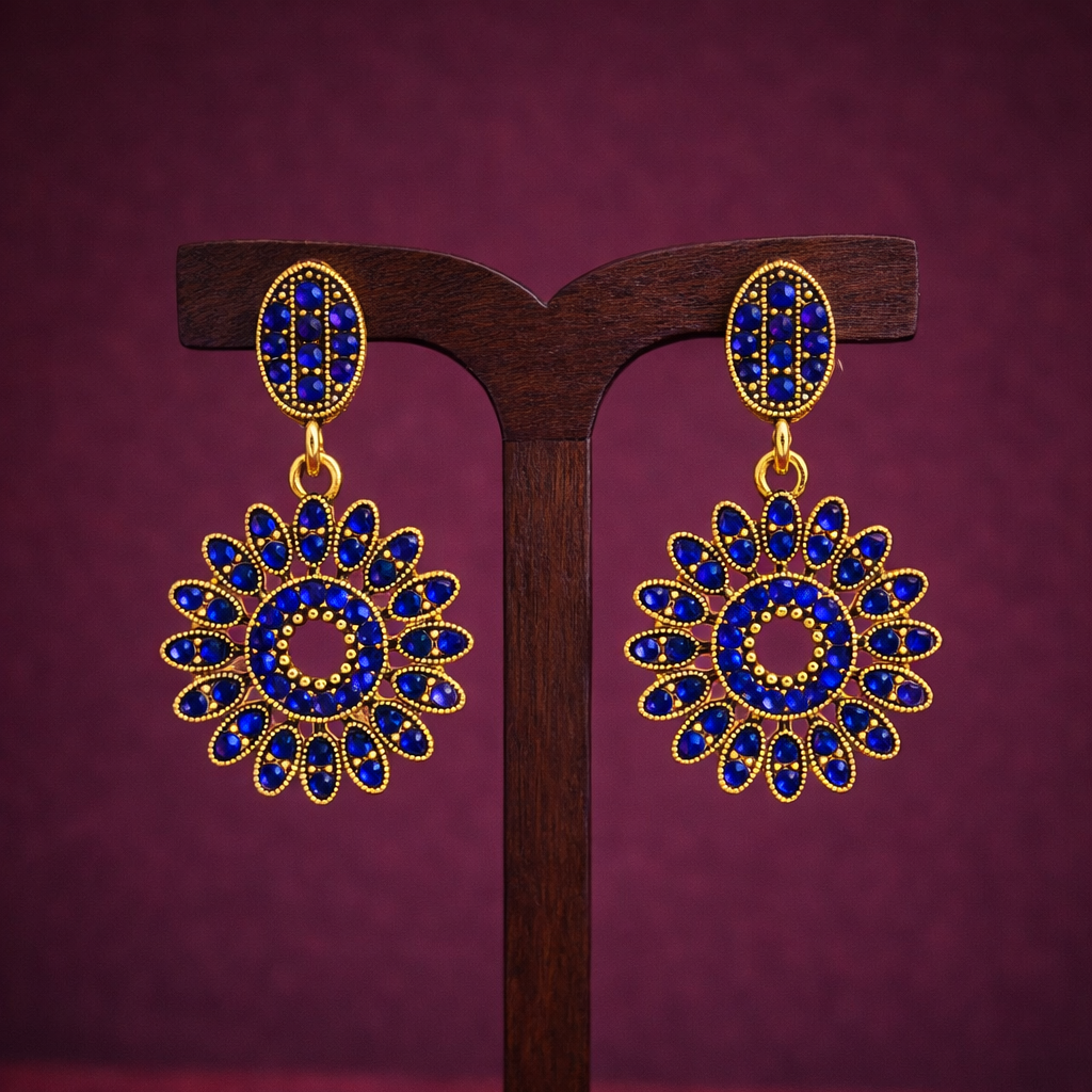 Royal Blue Diamond Floral Drop Earrings in Antique Gold Finish