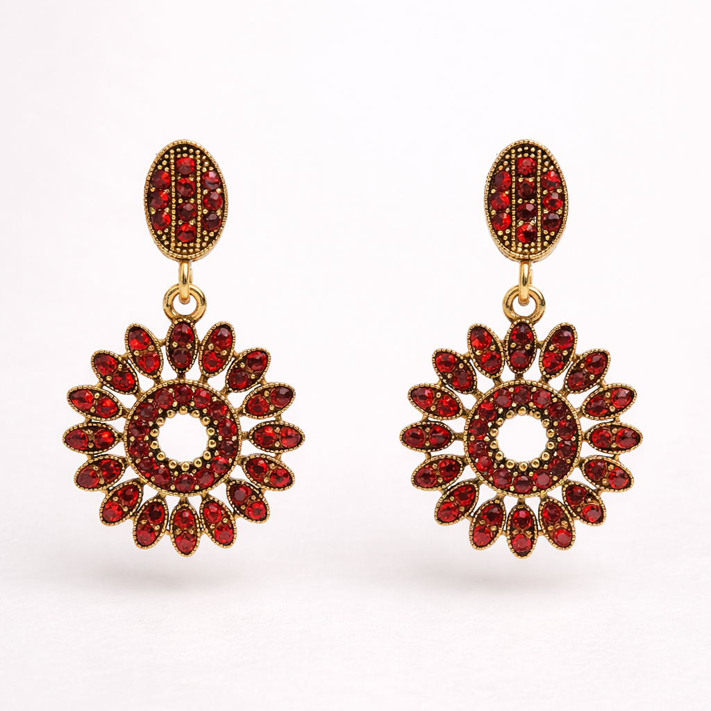 Red Diamond Floral Drop Earrings in Antique Gold Finish