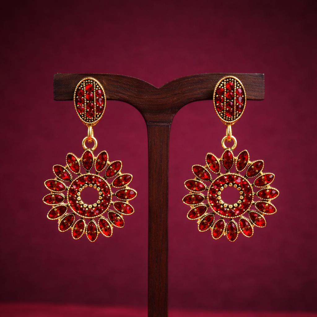Red Diamond Floral Drop Earrings in Antique Gold Finish
