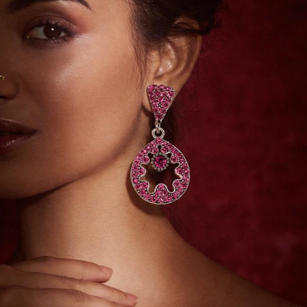 Pink Diamond Circular Drop Earrings in Silver Finish