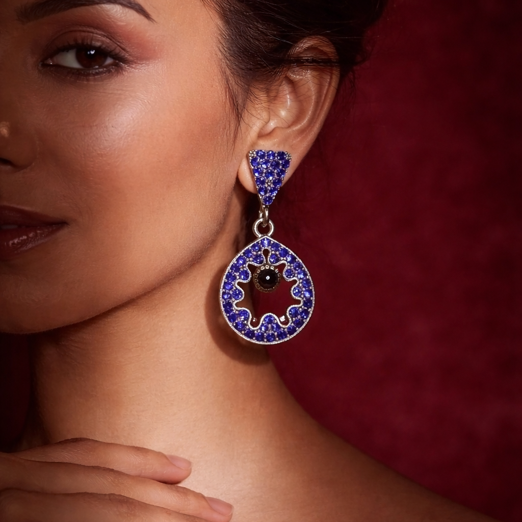 Royal Blue Diamond Circular Drop Earrings in Silver Finish